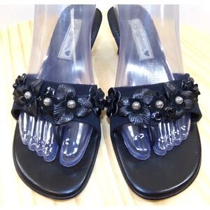 Brighton Tula Kitten Heel Sandals Womens Black Size7 M Open Toe Floral Embellish